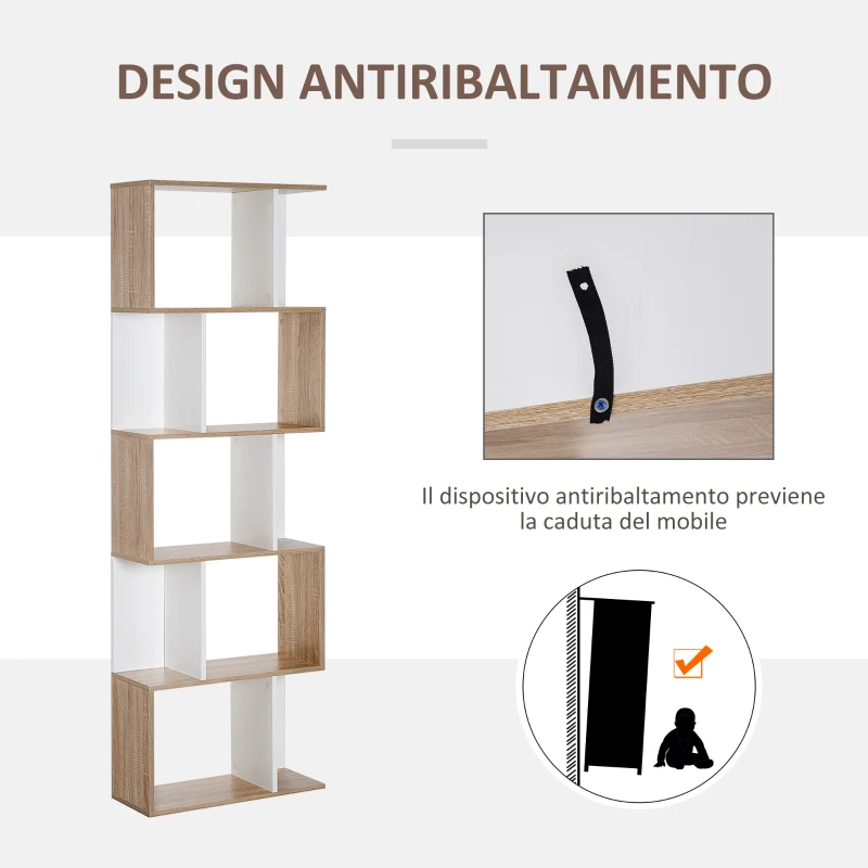 HOMCOM Scaffale Libreria a 5 Ripiani Suddivisi, Libreria Salvaspazio a Forma di S in Legno, Scaffale Divisorio per Soggiorno, Camera da Letto e Ufficio, 60x24x184.5 cm, Color Legno e Bianco