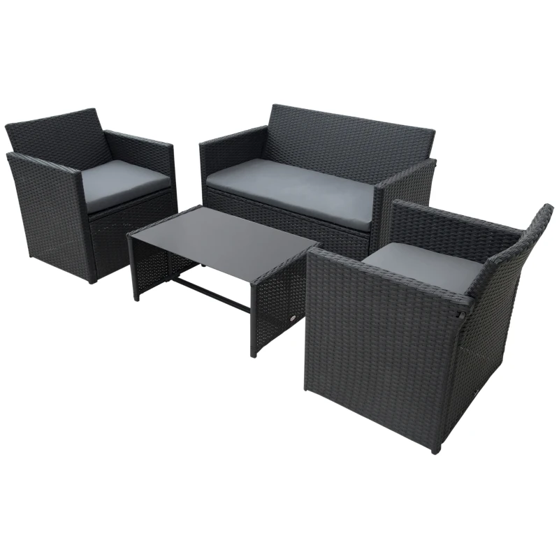Outsunny 4 Pieces PE Rattan Garden Sofa Set with Cushions, Outdoor Patio Wicker Weave Conservatory Furniture Set with a Loveseat, 2 Armchairs and a Glass Top Coffee Table, Black