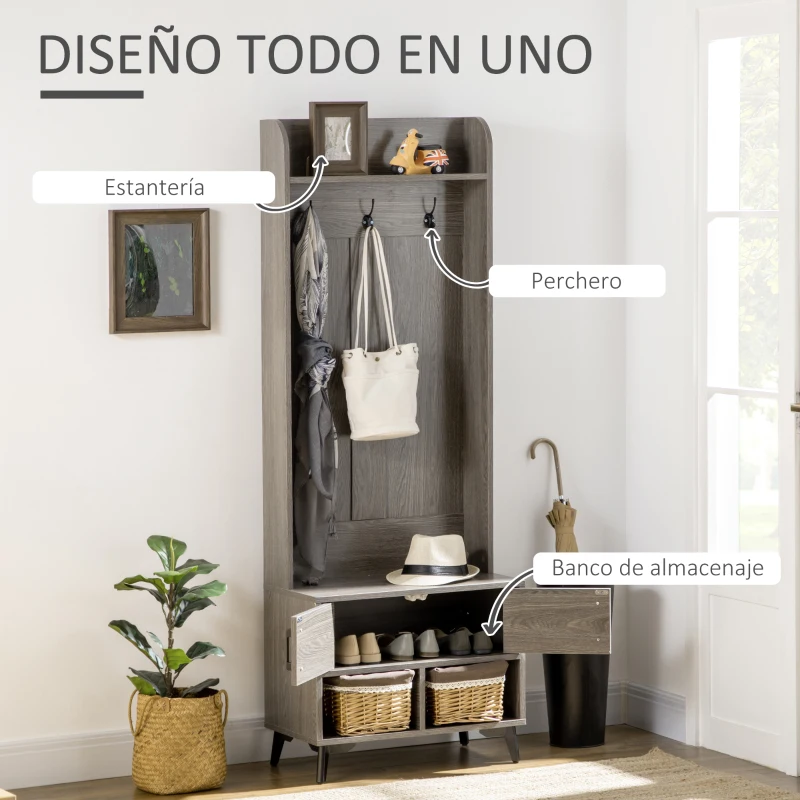 HOMCOM Perchero con Zapatero Perchero Entrada Recibidor con 3 Ganchos 2 Puertas 2 Compartimientos y Estante 60x34x170 cm Gris