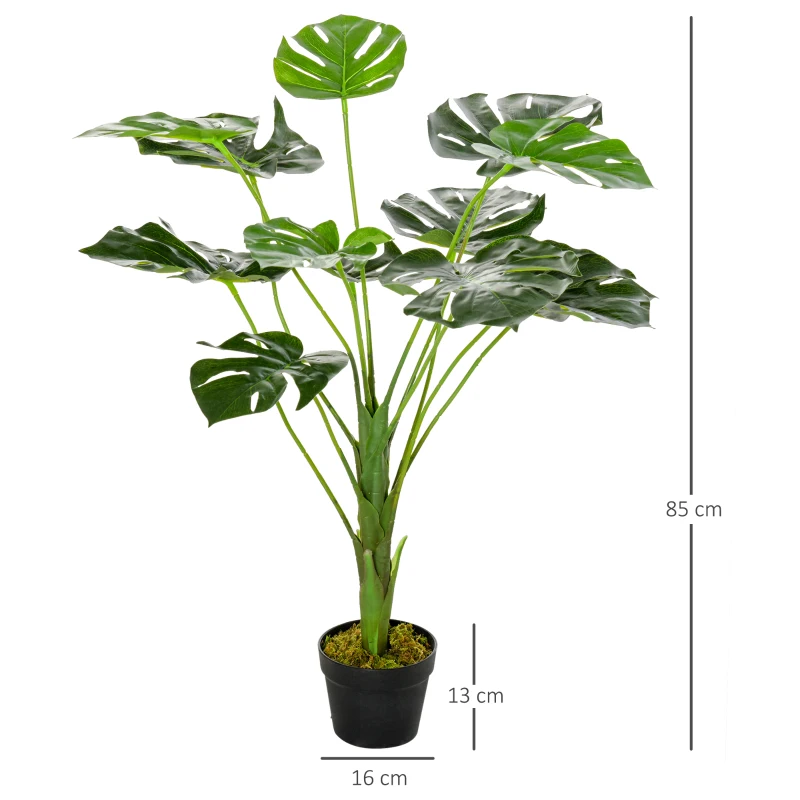 Outsunny Plante artificielle modèle Monstera avec 13 feuilles en pot ciment, intérieur ou extérieur, dim. Ø16 x 85H cm