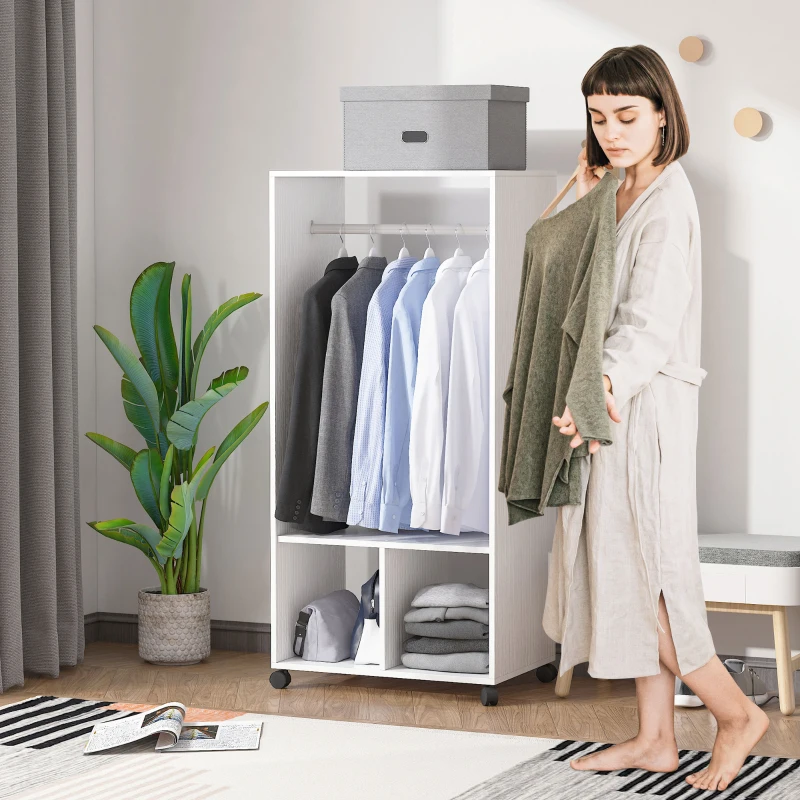 HOMCOM Lot de 2 portants à vêtements penderie mobile avec roulettes 2 niches + Grand Espace penderie en bois Blanc