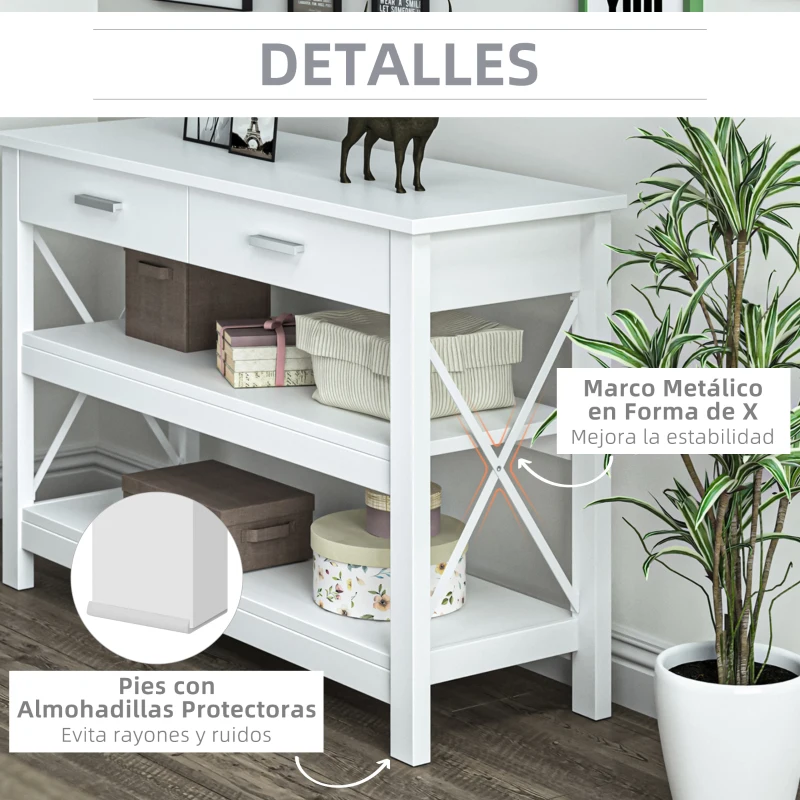 HOMCOM Mesa Consola Mesa de Recibidor Entrada con 2 Cajones y Estantes Inferiores Marco Metálico 105x40x76 cm Blanco