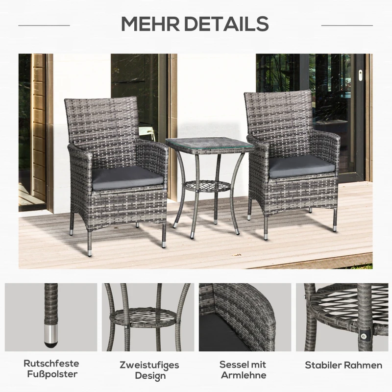 Outsunny Balkonmöbel Set für 2 Personen Sitzgruppe Rattan Gartenset Polyrattan Dunkelgrau