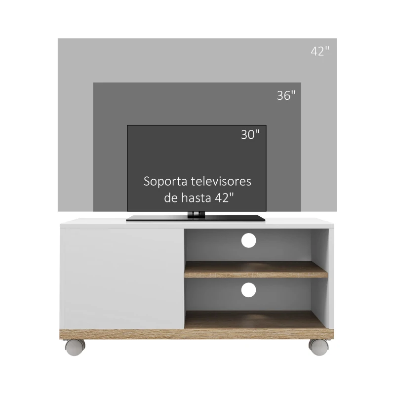 HOMCOM Mueble TV con Ruedas Mueble de Salón Mesa para Televisores de 42" con Puerta y 2 Estantes 80x45x39,5 cm Blanco