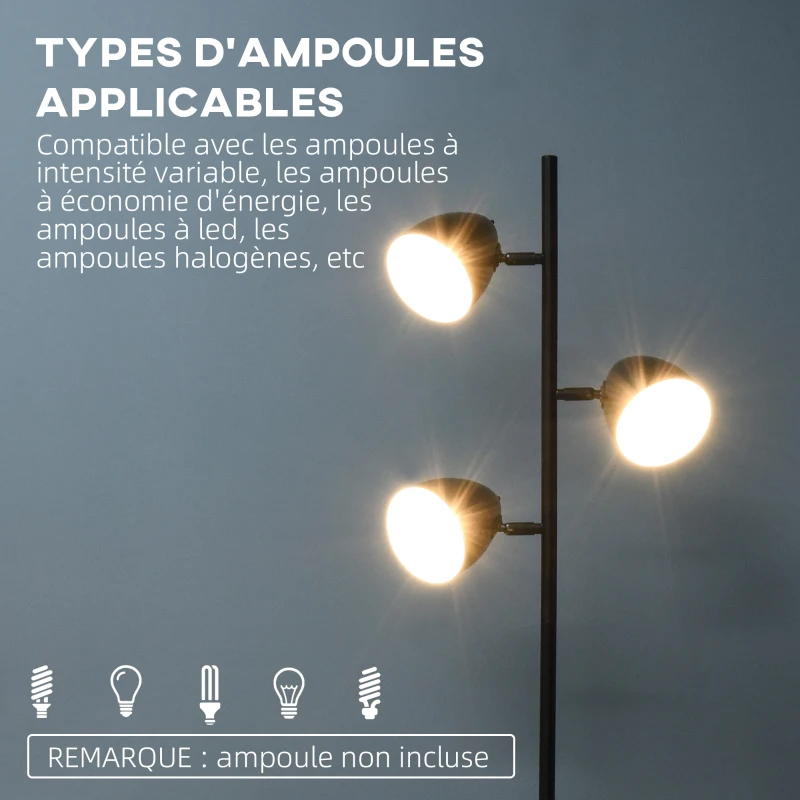 HOMCOM Lampadaire sur pied salon style industriel 3 abat-jours orientables en acier 38 x 28 x 169 cm noir