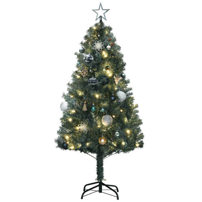 HOMCOM 5ft Pre-Lit Xmas Tree with Decorations, Green, Blue and Warm White