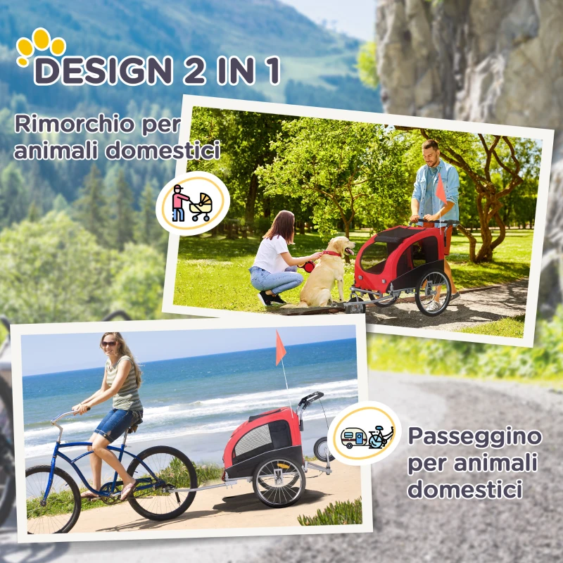 PawHut Rimorchio Bici per Cani Taglia Media a 2 Ingressi con Finestrelle e Tettuccio Apribile, 126-155x83x108 cm, Rosso