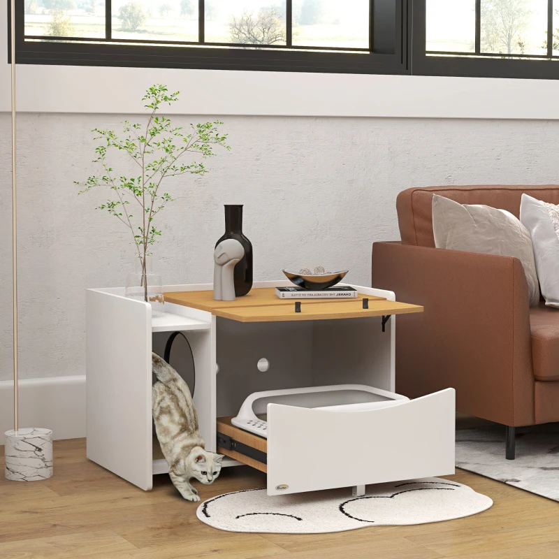 PawHut Katzentoilette, ausziehbar, Schrankdesign, Streufach, 78x50x51cm, Eiche/Weiß
