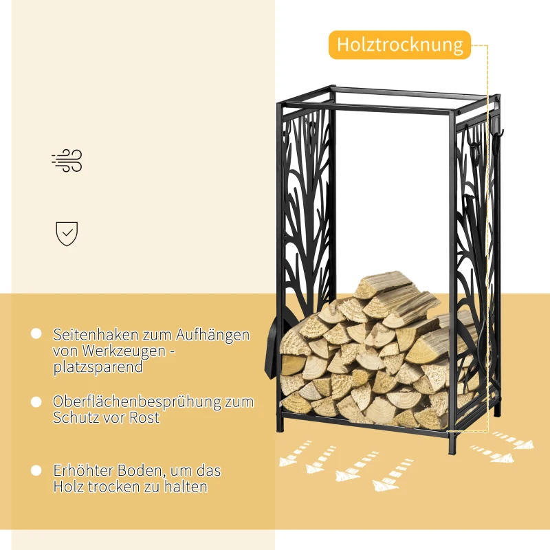 HOMCOM Kaminholzregal für innen Stahl 46 x 30 x 70cm Brennholzregal mit 4 Kaminwerkzeug Haken Kaminbesteck Set Kaminholzständer für Kamin Ofen Feuerholzregal Kaminholzhalter für Feuerholz, Schwarz