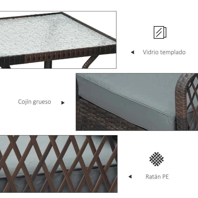 Outsunny Conjunto de Muebles de Ratán Juego de 3 Piezas de Jardín 2 Sillones 65x66x75 cm y Mesa de Vidrio Templado 50x50x50 cm con Cojines Acolchados para Terraza Patio Marrón y Gris