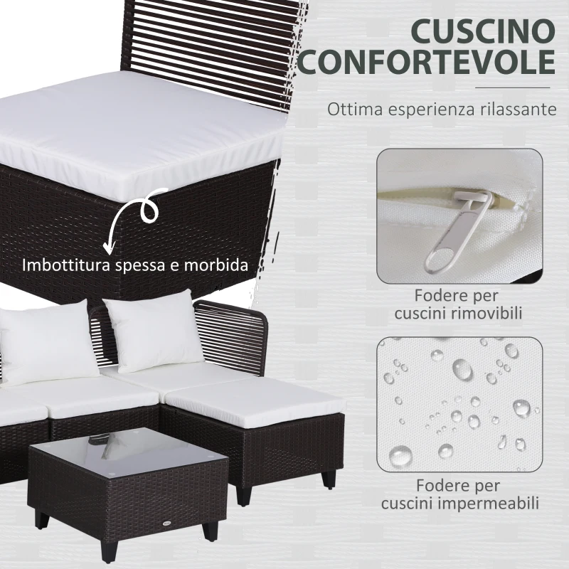 Outsunny Set Mobili da Giardino 5 Pezzi Tavolino con Piano in Vetro Temperato Rattan 3 Poltrone 1 Poggiapiedi 1 in Acciaio, Rattan