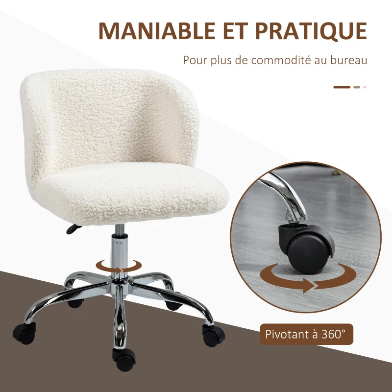 HOMCOM Chaise de bureau sans accoudoir en toison d'agneau hauteur réglable pivotant à 360 ° charge max. 120 Kg blanc