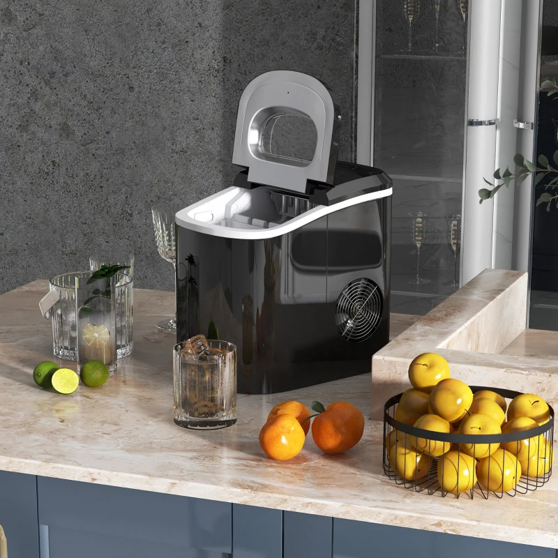 HOMCOM Eiswürfelmaschine, 2, 2 Liter, 12 kg in 24 h, Eiskugeln, selbstreinigend, Eiswanne, Eisschaufel, Schwarz