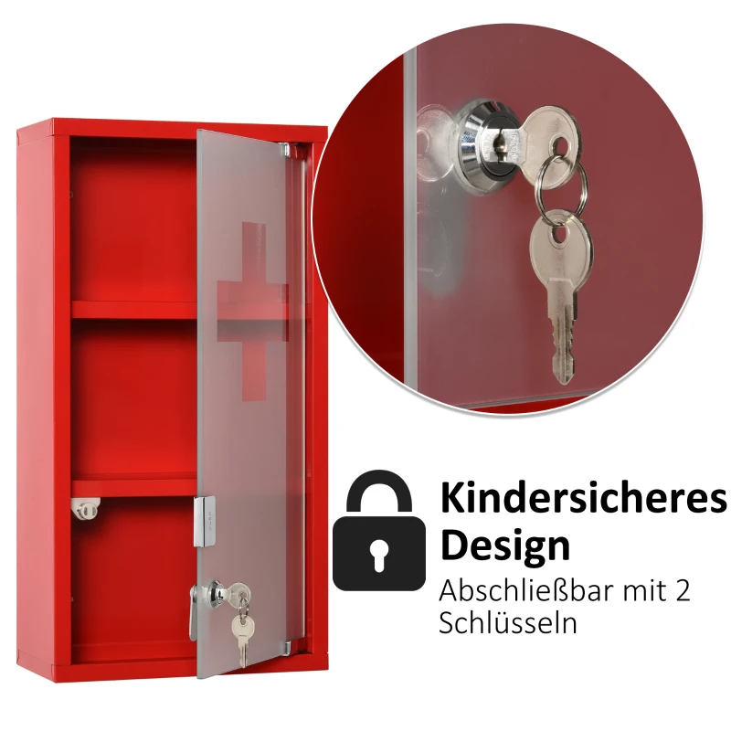 Medizinschrank Arzneischrank Erste-Hilfe-Schrank mit Schloss 3 Fächer Metall Rot 25 x 12 x 48 cm