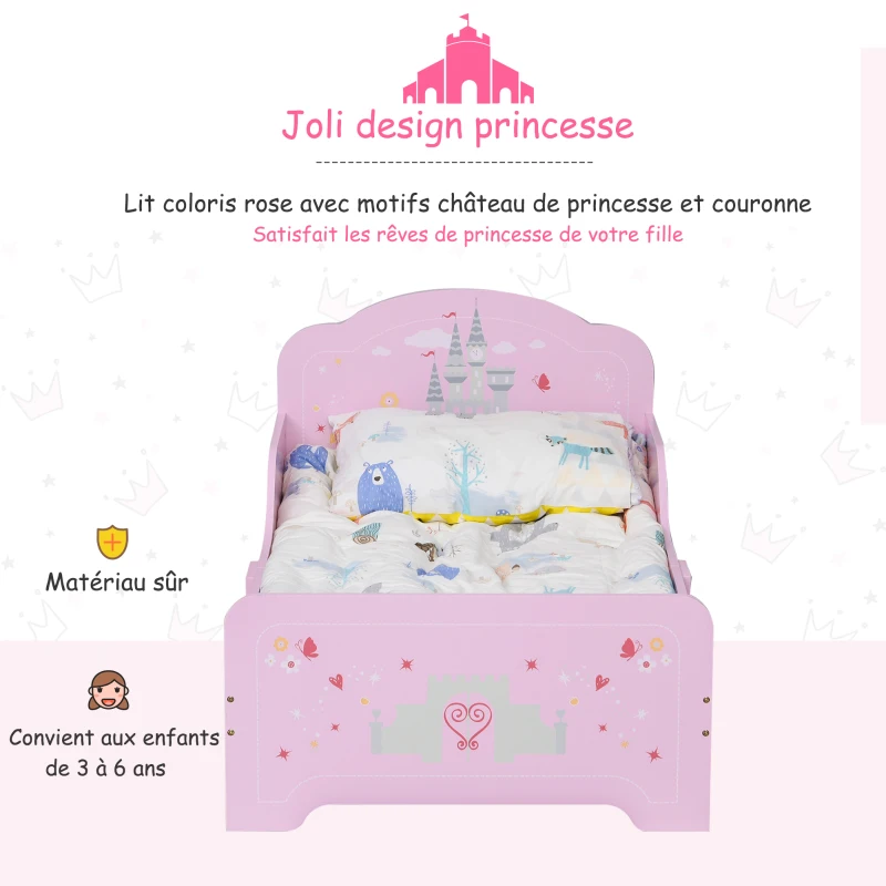 HOMCOM Lit Enfant - lit d'enfant Design Princesse Motif château - sommier à Lattes Inclus - MDF Contre-plaqué Rose
