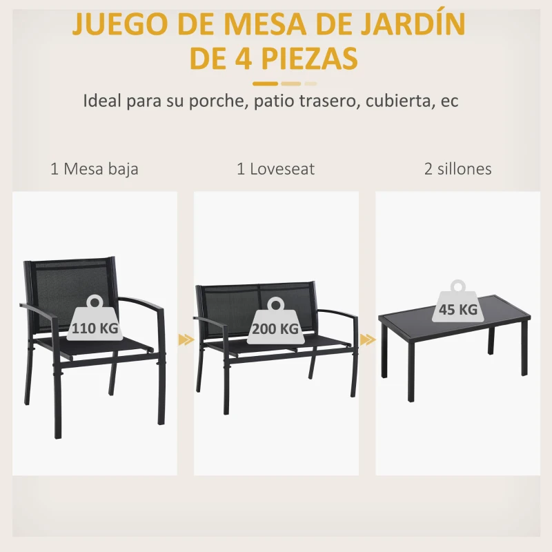 Outsunny Conjunto de Muebles de Jardín 4 Piezas Muebles Jardín Exterior con 2 Sillones 1 Sofá de 2 Plazas y Mesa de Centro Negro