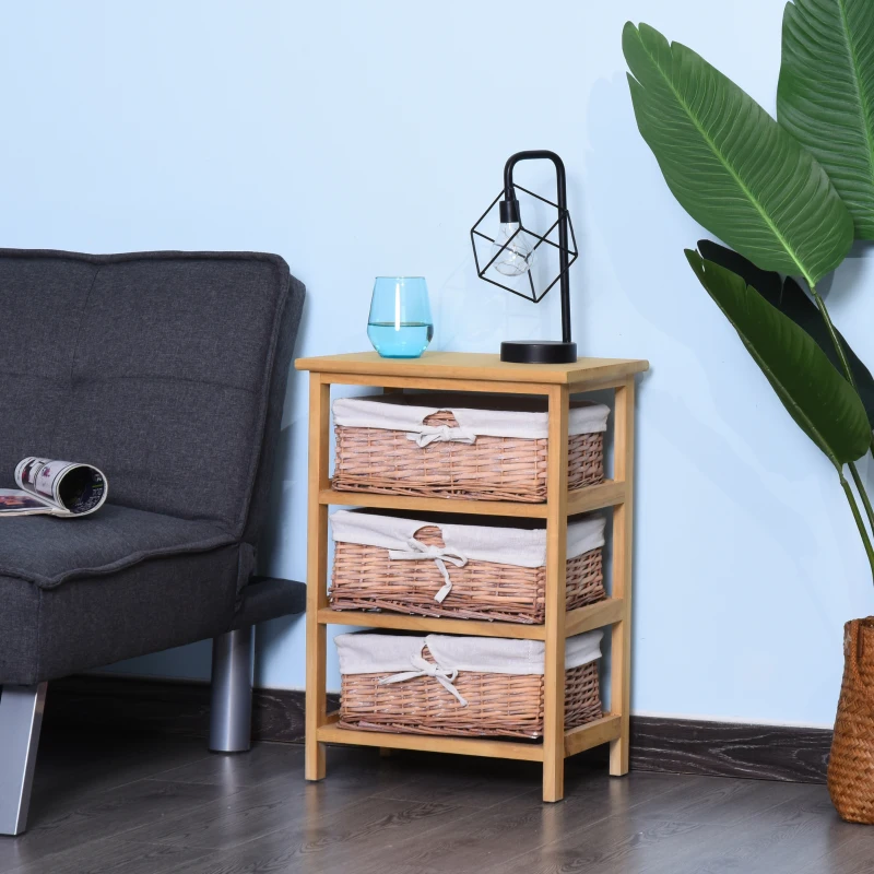 HOMCOM 3 Drawer Dresser Wicker Basket Storage Shelf Unit Wooden Frame Home Organisation Cabinet Bedroom Office Furniture Natural Finish