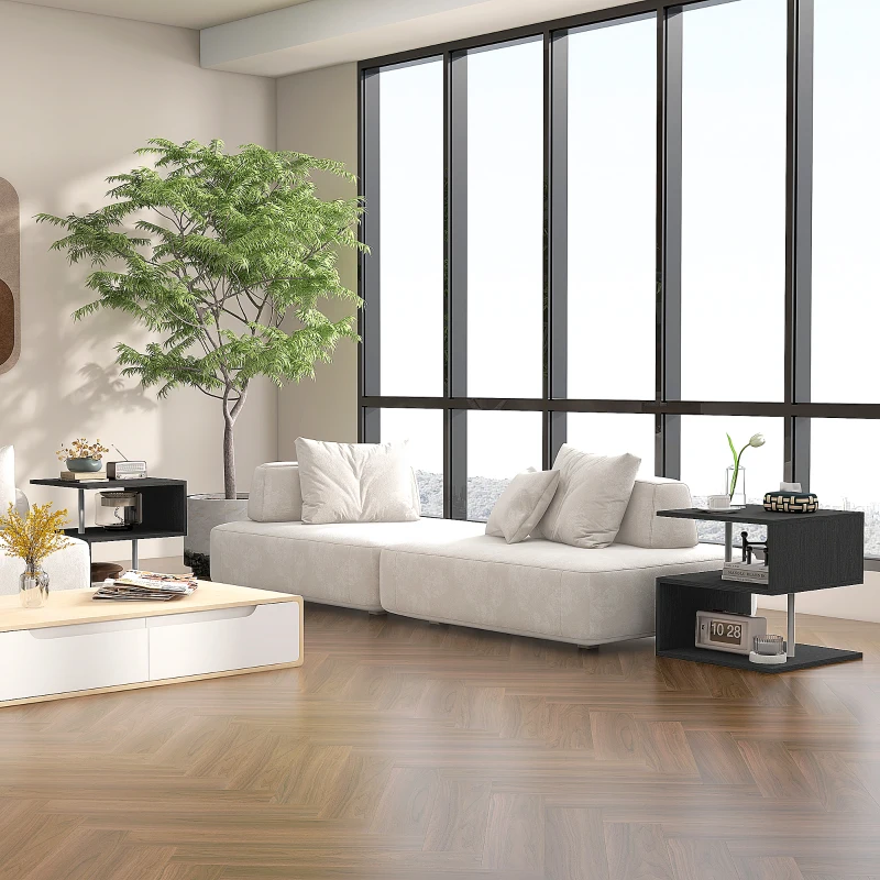 HOMCOM Wooden S Shape Cube Coffee Table 2 Tier Storage Shelves Organiser Office Bookcase Living Room End Desk Stand Display Set of 2 (Black)