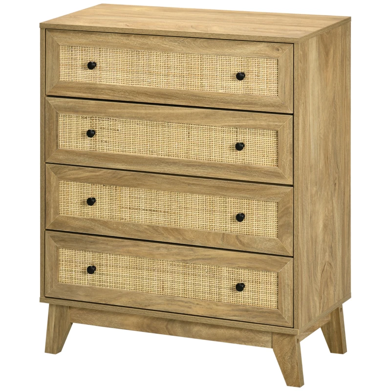 HOMCOM Cómoda con 4 Cajones Cajonera de Madera con Frontales de Ratán Estilo Cannage para Dormitorio 80x35x95 cm Natural(m-10)