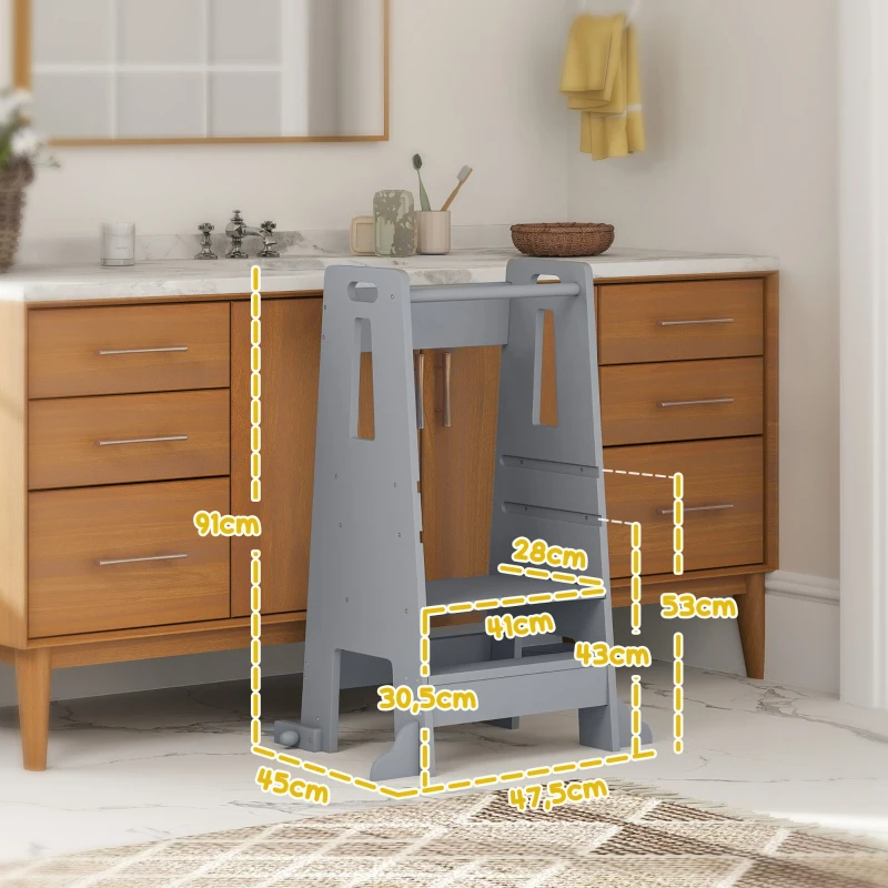 AIYAPLAY Torre de Aprendizaje para Niños con Pedal Altura Ajustable en 3 Niveles y Barrera de Seguridad 45x47,5x91 cm Gris