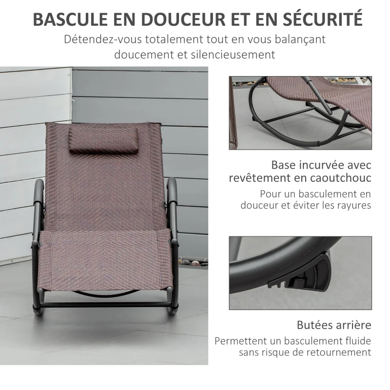 Outsunny Chaise longue à bascule rocking chair ergonomique avec tétière amovible accoudoirs et repose-pieds revêtement texitlène imitation rotin métal 61 x 160 x 79 cm brun