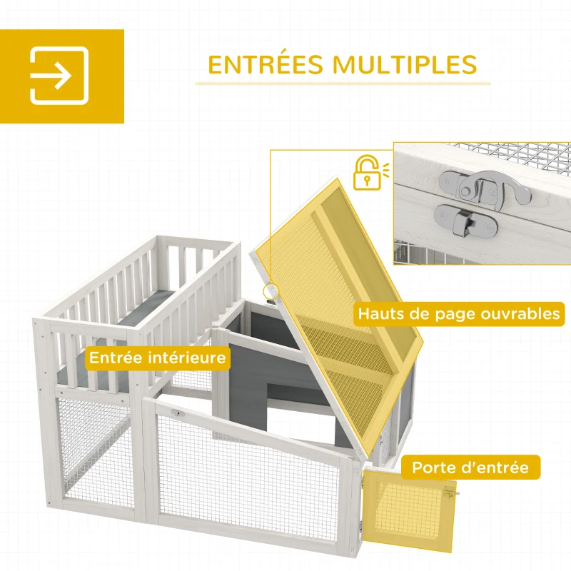 PawHut Clapier, cage à lapin en bois avec étagère pour plantes grand espace en bois, plusieurs portes Dim. 94L x 90l x 60H cm