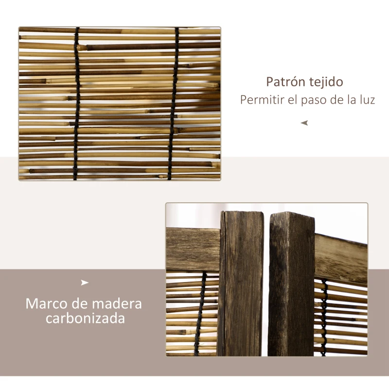 HOMCOM Biombo de 4 Paneles Plegable 160x1,8x170 cm Separador de Ambientes de Madera y Carrizo Natural