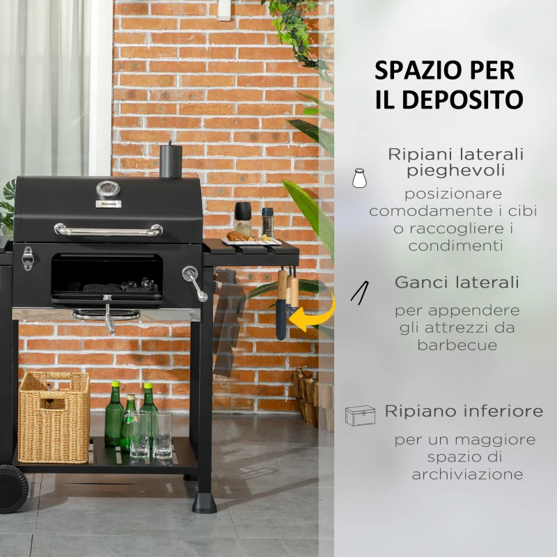 Outsunny Barbecue a Carbone con Coperchio con Termometro, Griglia Regolabile, Ruote e Tavolini, Nero