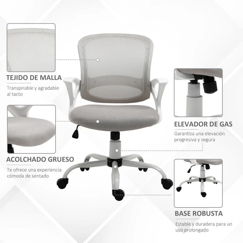 Vinsetto Silla de Oficina Silla de Escritorio de Malla Transpirable Basculante con Altura Ajustable Asiento Giratorio 360° y Soporte Lumbar 61x61x89-99 cm Gris