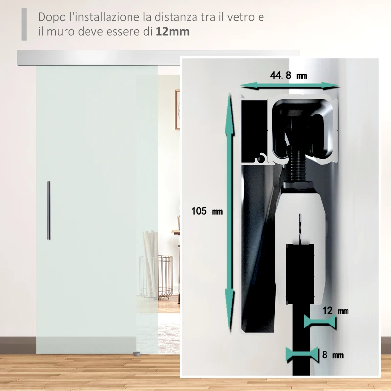 HOMCOM Porta Scorrevole Interna in Vetro Smerigliato con Binario B1 e Maniglia per Bagno Cucina Studio Vetro 205x 77,5x 0,8cm