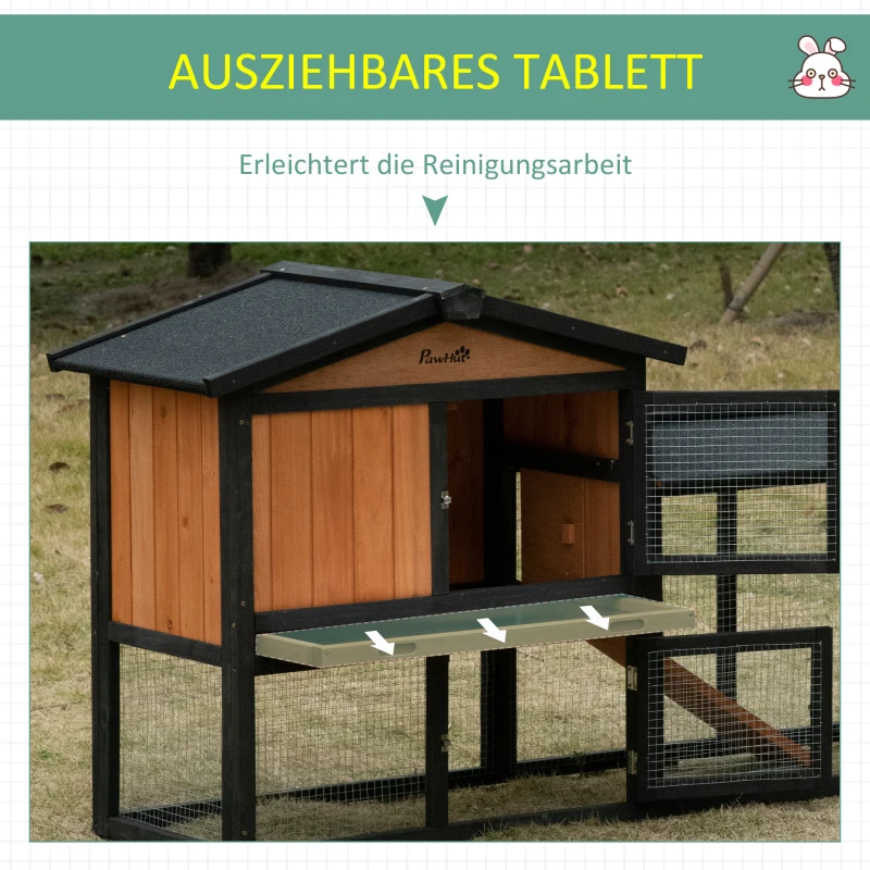 PawHut Kleintierstall mit Freilaufgehege inkl. Rampe Tannenholz Schwarz + Orange