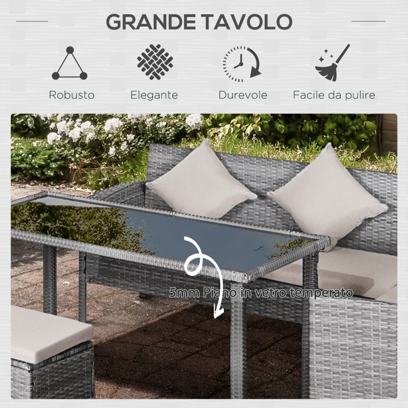 Outsunny Set da Giardino a 5 Pezzi in Rattan e Acciaio Grigio con 2 Divani, Tavolino e 2 Sgabelli