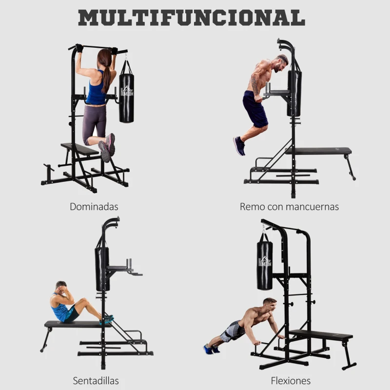 HOMCOM Estación de Musculación con Saco de Boxeo 20 kg Barra de Dominadas y Banco de Pesas Plegable 180x183x219 cm Negro