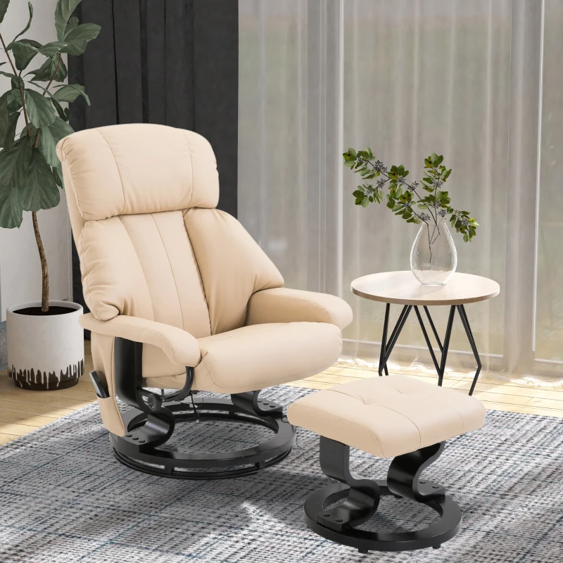 HOMCOM Electric Massage Recliner Chair with Ottoman, Faux Leather Swivel Recliner with Remote Control for Living Room, Beige