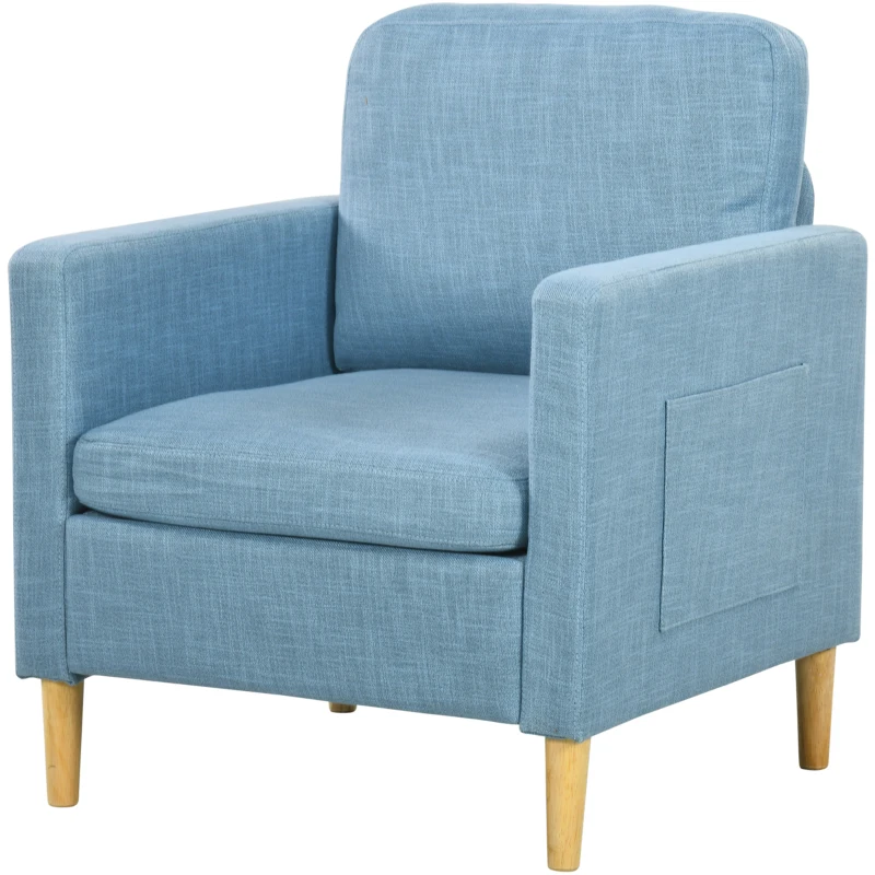 HOMCOM Sillón Individual con 2 Bolsillos Laterales Reposabrazos Asiento Acolchado y Patas de Madera 73x79x87 cm Azul Claro