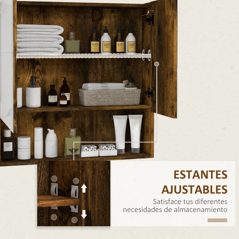 kleankin Mueble con Espejo de Pared con Estante Ajustable Interruptor Táctil y Color de Luz Ajustable 70x15x70 cm Marrón Rústico