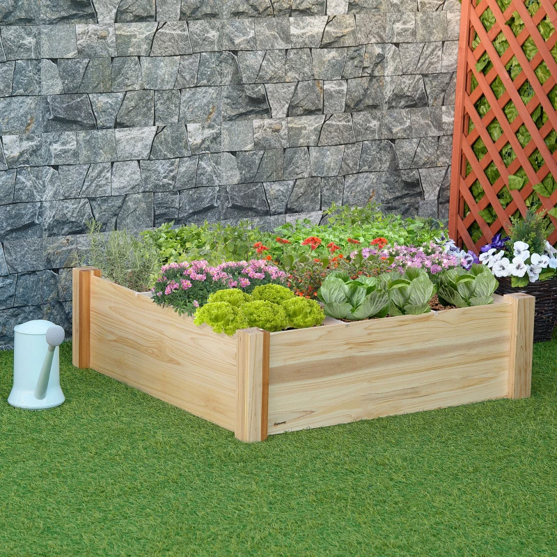 Outsunny Huerto Urbano de Madera Cuadrada 90x90x28 cm con 9 Compartimentos Extraíbles Arriate de Jardín para Cultivos Plantas Flores Natural