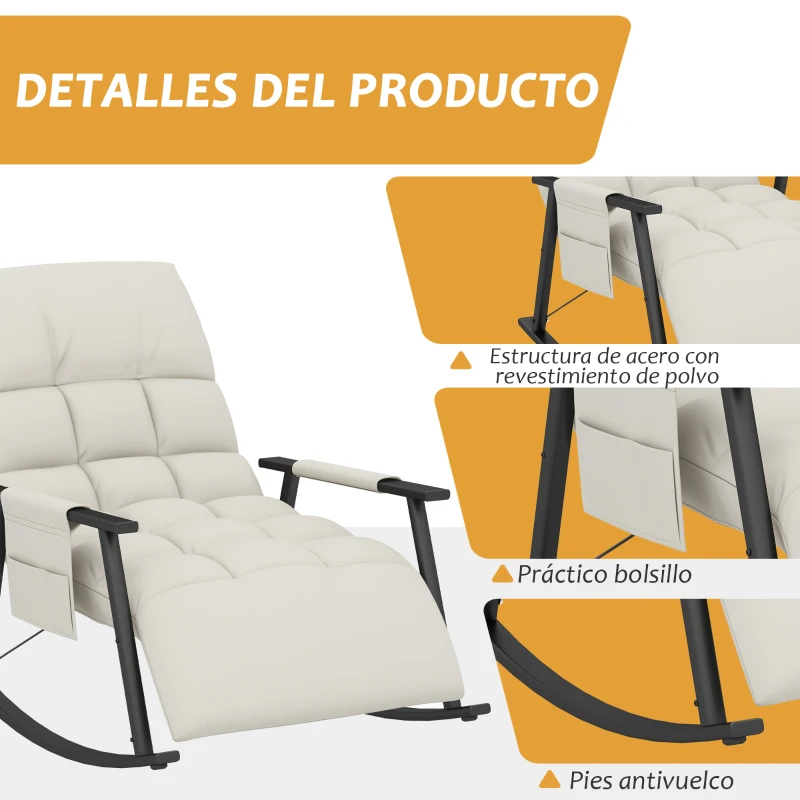 HOMCOM Silla Mecedora con Respaldo y Reposapiés Ajustables Mecedora de Salón Tapizado en Microfibra 60x134x70 cm Crema