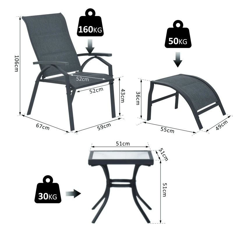 Outsunny Lot de 2 transats bains de soleil grand confort dossier inclinable, repose-pied amovibles intégrés table basse métal époxy textilène gris