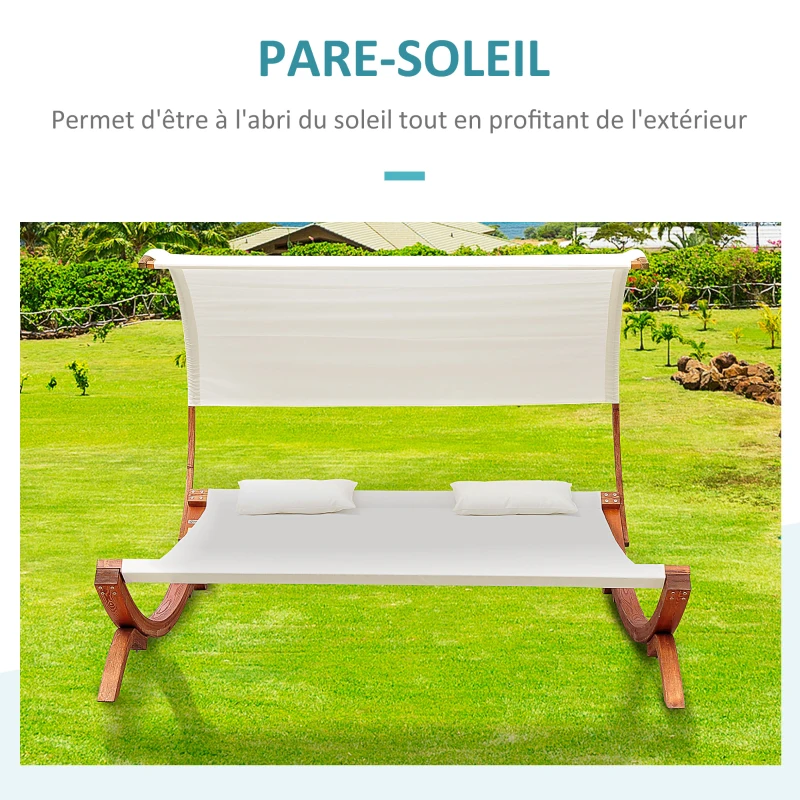 HOMCOM Bain de Soleil transat Design 2 Places tétières & Pare-Soleil Inclus Bois mélèze pré-huilé Polyester crème