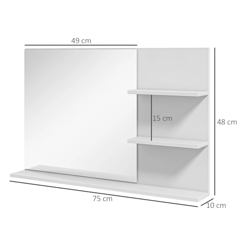 kleankin Specchio da Bagno a Parete con 2 Ripiani Laterali e Ripiano Inferiore, in MDF e Vetro con verniciata, 75x10x48 cm, Bianco | Aosom Italy