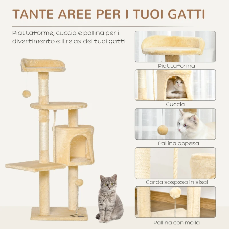 PawHut Albero Tiragraffi per Gatti in Legno a 4 Livelli con Cuccia, Giocattoli, Pallina e Corda, Altezza 114 cm