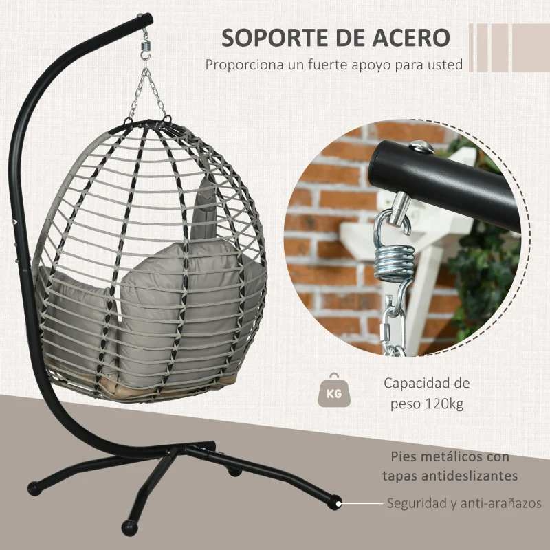 Outsunny Silla Colgante con Soporte Cesta Plegable Cojín y Reposacabezas para Interior y Exterior Carga 120 kg Gris y Negro