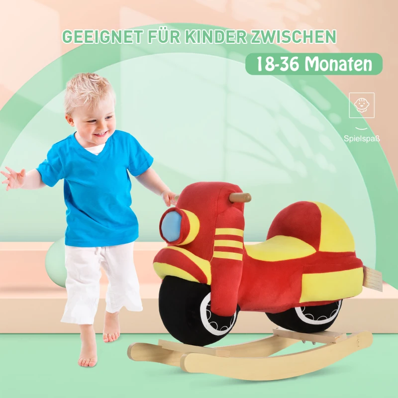 HOMCOM Kinder Schaukelpferd Baby Schaukeltier Motorrad mit Motorrad Sound, Schaukel Schaukelspielzeug Haltegriffe für 18-36 Monate Plüsch Rot+Gelb 60x25.5x48 cm