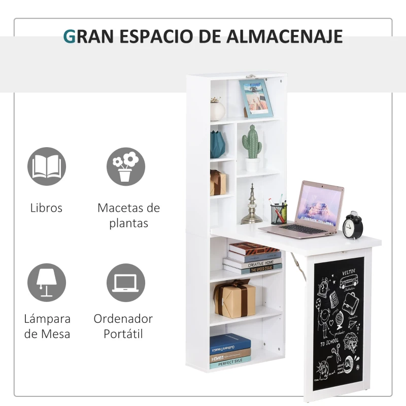 HOMCOM Escritorio Plegable con Estantería Mesa de Oficina con Pizarra y Múltiples Estantes Convertible con Baldas Ajustables 98x51x153 cm Blanco