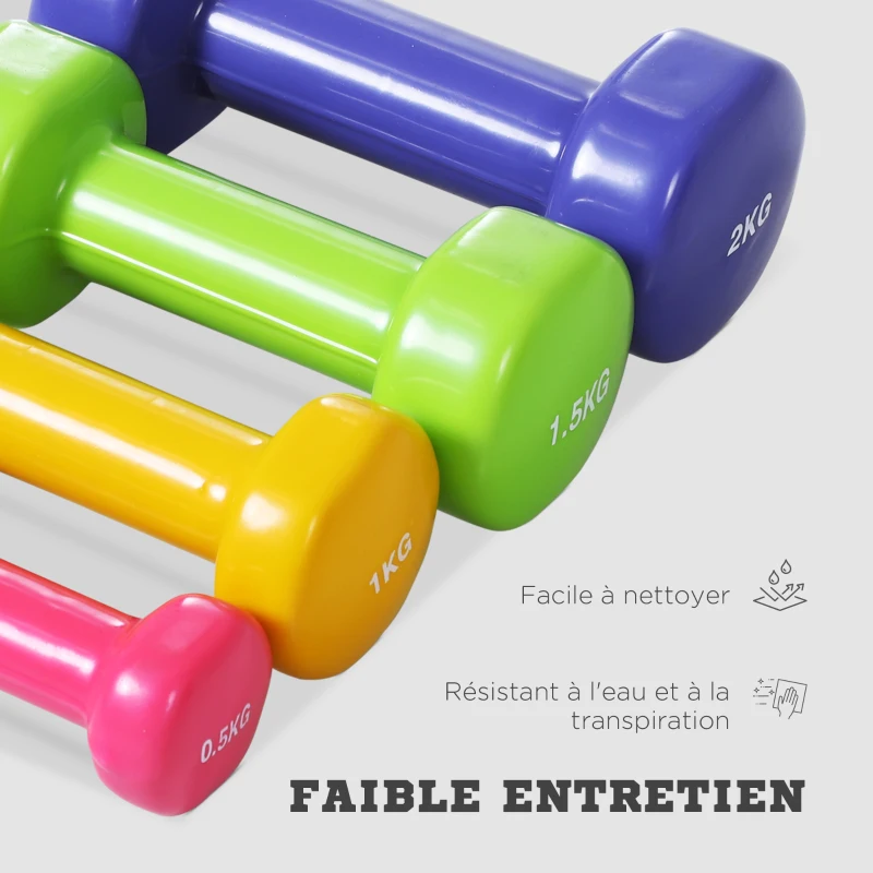 HOMCOM Ensemble d'haltères courtes total 10 Kg - paires de 0,5/1/1,5/2 Kg avec malette - entraînement musculaire & haltérophilie - métal PU multicolore