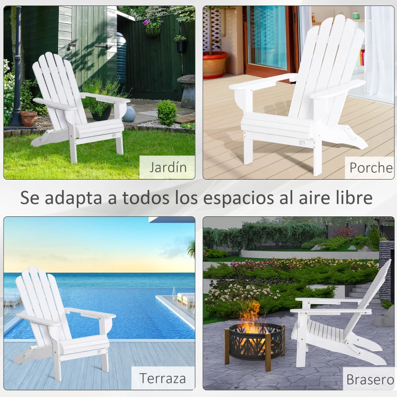 Outsunny Silla Adirondack de Madera Plegable Silla de Jardín con Reposabrazos y Respaldo Alto para Terraza Balcón Exterior Carga Max. 113 kg 73x88x93 cm Blanco