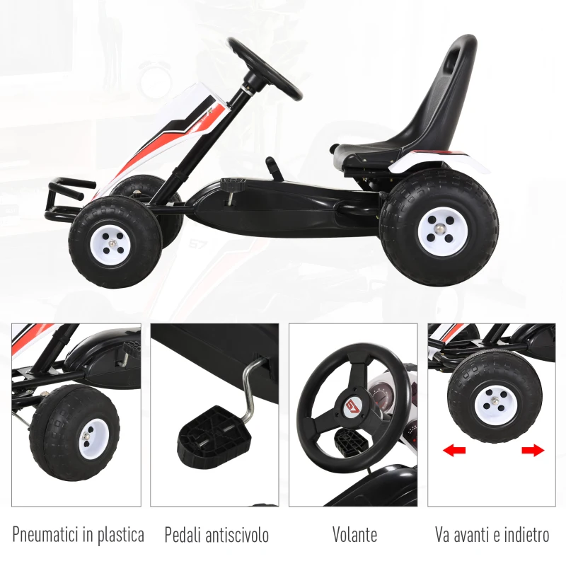 HOMCOM Go-Kart a Pedali Bianco per Bambini 3-6 Anni con Sedile Regolabile, Ruote in Plastica, Freno a Mano e Cambio