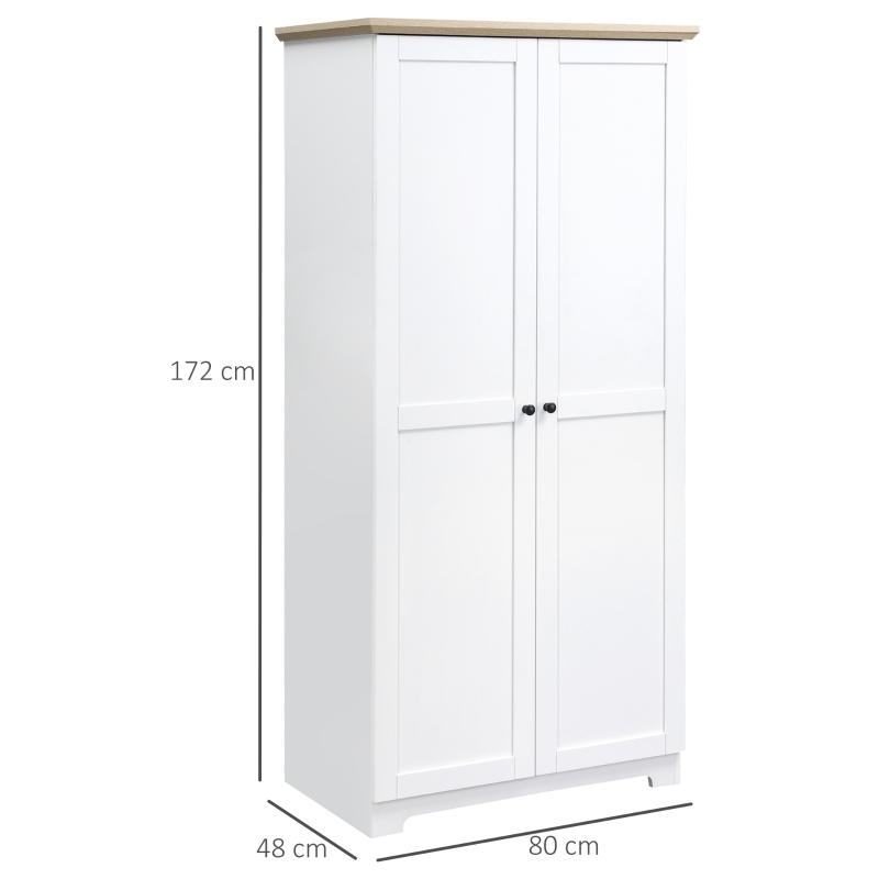 HOMCOM Küchenschrank, Hochschrank, Küchenbuffet mit 4 Fächern, Aufbewahrungsschrank, Kleiderschrank mit 2 Türen, Mehrzweckschrank mit Anti-Kipp-Schutz, Weiß, 80 x 48 x 172 cm