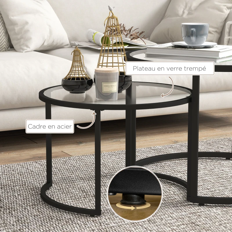 HOMCOM Lot de 2 tables basses gigognes rondes plateau verre trempé et pied en acier au carbone noir